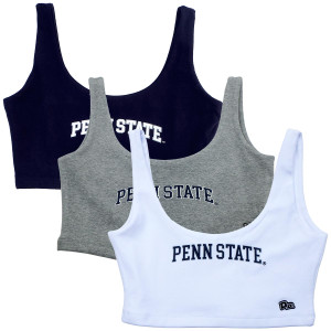 women's navy, gray, and white scoop neck crop tops with screened Penn State